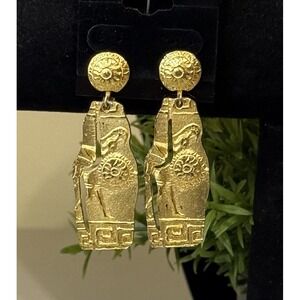 Vintage GOLD TONE CLIP-ON DANGLE EARRINGS Greek Warrior PATTERN